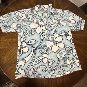 Pacific Scene Vintage 90s Y2K Hawaiian Shirt Blue White Floral 100% Cotton Sz L